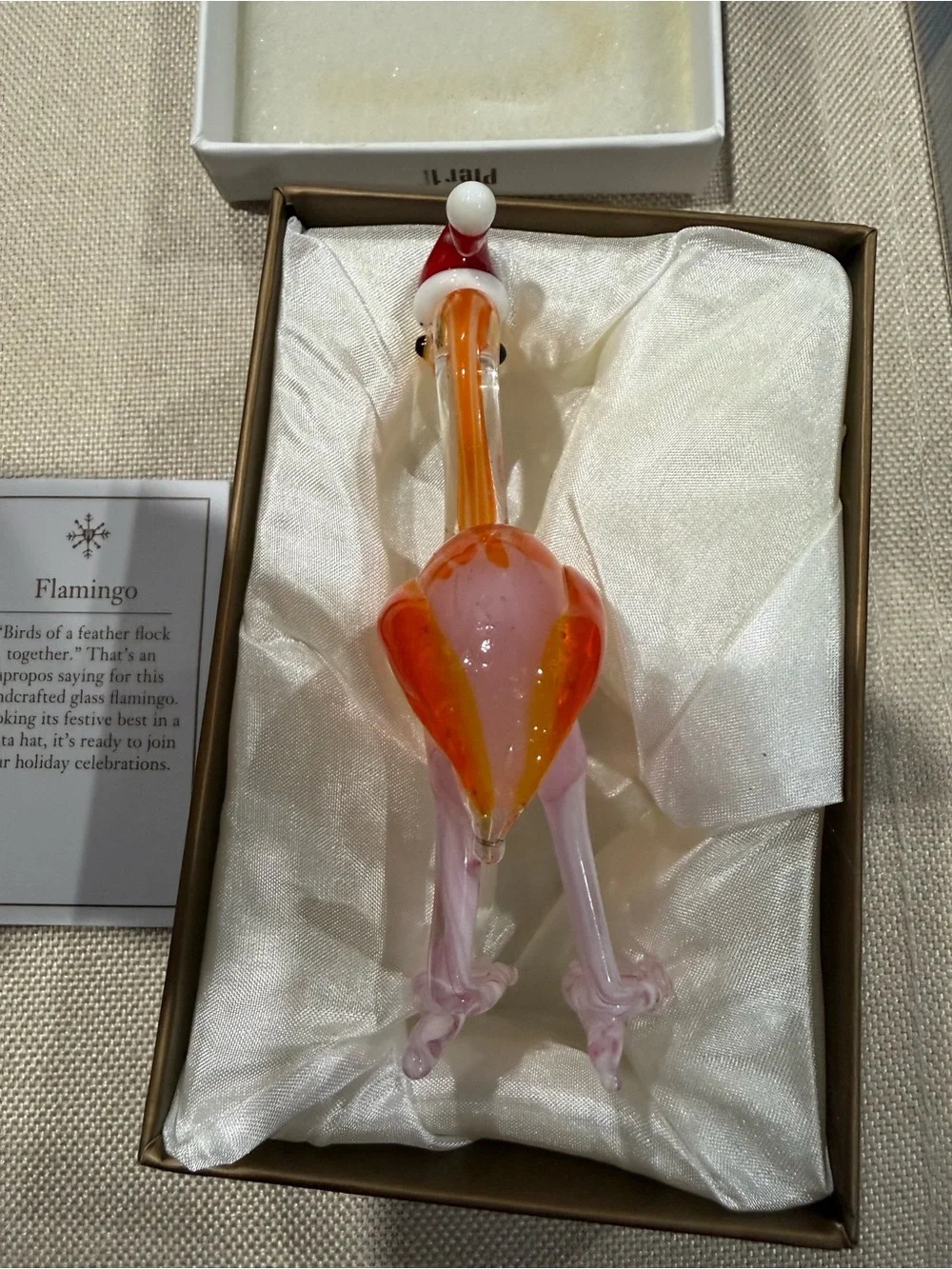 Pier 1 Glass Christmas Pink Flamingo Figurine with Red Hat